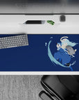 36x16 inches anime desk pad in calm deep navy tones, pale hair mist, quiet intense mood.