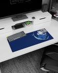 28x12 inches anime mouse pad showing a blue-coated swordsman mid-step, katana slicing through water ribbons.