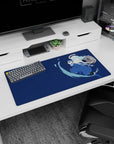 32x16 inches anime mouse pad featuring pale-haired swordsman mid-step, katana arc slicing through splashes.