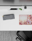 Dreamy blush-pink and warm golden glow anime girl mouse pad 14x10 inches with cherry blossom vibe.