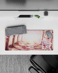 28x12 inches anime girl mouse pad in blush pink petals and warm golden glow, soft spring vibe.