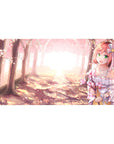 Anime girl desk pad 40x20 inches with pink-haired girl, white ribbon dress, and sakura forest path.