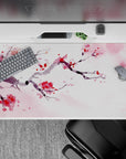40x20 inches desk pad with watercolor cherry branches, showcasing soft pink and red petals for a calming and tranquil atmosphere of spring.