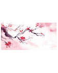 Mouse pad featuring watercolor cherry branches, 32x16 inches, with soft pink and red petals scattering across the canvas for seasonal elegance.