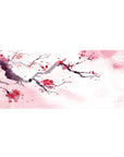 Desk pad featuring watercolor cherry branches, 36x16 inches, with delicate pink and red petals scattering across the canvas for spring tranquility.