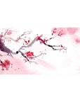 Desk pad featuring watercolor cherry branches, 40x20 inches, with soft pink and red petals scattering across the canvas for a serene spring vibe.