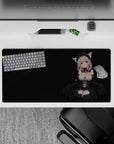 32x16 inches anime mouse pad in deep black and lilac tones, soft pink ribbons, cozy gothic vibe.