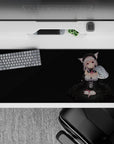 Silver hair, lilac eyes on deep black anime desk pad 36x16 inches, classy contrast for cozy gaming.