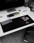 Neko maid anime girl holding a tiny sleeping kitty on a desk pad 36x16 inches, soft lilac gaze.