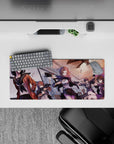28x12 inches anime girl mouse pad in sunset orange and violet, cute-dangerous heist chaos vibe.