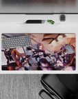 32x16 inches anime girl mouse pad in sunset orange and violet tones, cute yet dangerous heist vibe.