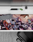 36x16 inches anime desk pad in warm sunset oranges and cool violets, chaotic heist vibe with cute edge.