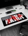Akira-inspired kanji slash scene anime mouse pad like rain-streaked neon, 32x16 inches.