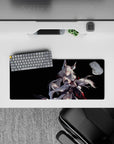 Anime girl mouse pad 28x12 inches in cool whites and cyan glow, cozy mysterious kitsune fantasy vibe.