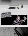 Anime girl mouse pad 32x12 inches in cool whites and cyan glow on deep black, cozy yet mysterious desk vibe.