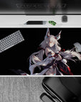 Moody 40x20 inches anime desk pad in cool whites and cyan glow on black, with crimson trim for cozy mystery.