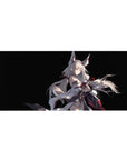 Fox-eared silver-haired anime girl desk pad on black, ribbons and flowing tails, 36x16 inches.