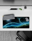 Calming navy-to-icy blue gradient mouse pad 28x12 inches with soft cosmic glow and glittering stars.