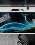 Deep navy to icy blue gradient desk pad 40x20 inches with soft glow and calm cosmic mood.