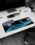 Ringed planet over misty mountain skyline mouse pad 32x12 inches with glittering stars.