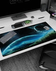 Ringed planet over starry sky and misty mountains desk pad 40x20 inches, dreamy space art.