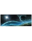 Space scene desk mouse pad 32x12 inches with stars, ringed planet, and misty mountains.