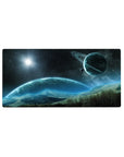 Space scene desk mouse pad 32x16 inches with ringed planet, stars, and misty mountains.