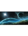 Space scene desk pad 36x16 inches with stars, ringed planet, and misty mountains in smooth gradients.