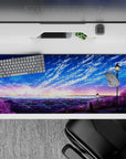 36x16 inches anime desk pad in cotton-candy sunrise and deep ocean blues, calm dreamy sky and moon.