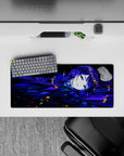 28x12 inches anime girl mouse pad in inky blues and violet shadows, moonlit gloss and dreamy midnight vibe.