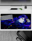 32x16 inches anime girl mouse pad in inky blues and violet glow, moonlit highlights and calm sleepy vibe.