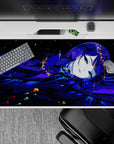 40x20 inches anime desk pad in inky blue and violet, moonlit gloss highlights, dreamy midnight vibe.