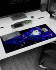 36x16 inches desk pad showing a calm blue-haired anime girl with sleepy eyes drifting through moonlit water glow.