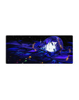 28x12 inches anime girl mouse pad with blue-haired beauty, sparkles, and golden shards on a dark backdrop.