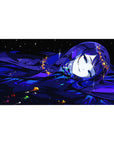 40x20 inches anime girl desk pad with blue-haired beauty, star sparkles, and golden shards on deep blues.