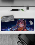 32x12 inches anime mouse pad in deep blues with teal eyes, warm red outfit, and cozy night-light mood.