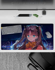 32x16 inches anime mouse pad in deep blues with teal eyes, warm red outfit, cozy night light mood.