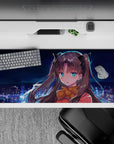 36x16 inches anime desk pad in deep blues with teal eyes, warm reds, and a cozy romantic night glow.