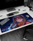 40x20 inches Rin Tohsaka Fate/stay night desk pad, sweet surprised pose with golden bow under night skyline.