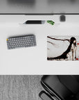 Dreamy pale gray and white anime mouse pad 14x10 inches with smoky haze and crimson floral accents.