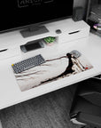 28x12 inches desk mat featuring a long-haired anime girl in a pale mist with ink-like bare branches.