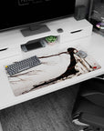 32x16 inches anime mouse pad featuring a raven-haired girl in a pale foggy scene with ink branches and red blooms.