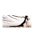 28x12 inches anime girl mouse pad with misty branches, long raven hair, and red flower accents.