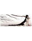 32x12 inches anime girl mouse pad with misty branches, raven hair, and red flower accents.