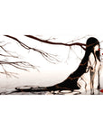 Anime girl desk pad 40x20 inches with misty branches, long raven hair, and red flower accents.