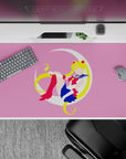 40x20 inches desk pad in soft pink with blonde twin tails, navy skirt, red boots, dreamy vibe.