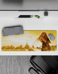 32x12 inches anime mouse pad in warm sunset gold, soft romantic mood, drifting light feathers, epic calm.