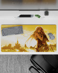 32x16 inches anime mouse pad in warm sunset gold, soft romantic fantasy mood with glowing feathers.
