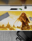 Sunset gold anime desk pad 40x20 inches, warm romantic fantasy mood with soft glow and quiet epic sky.