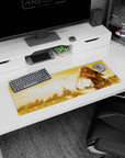 32x12 inches anime mouse pad showing white-haired elf in leather armor hugging a battle-worn soldier.